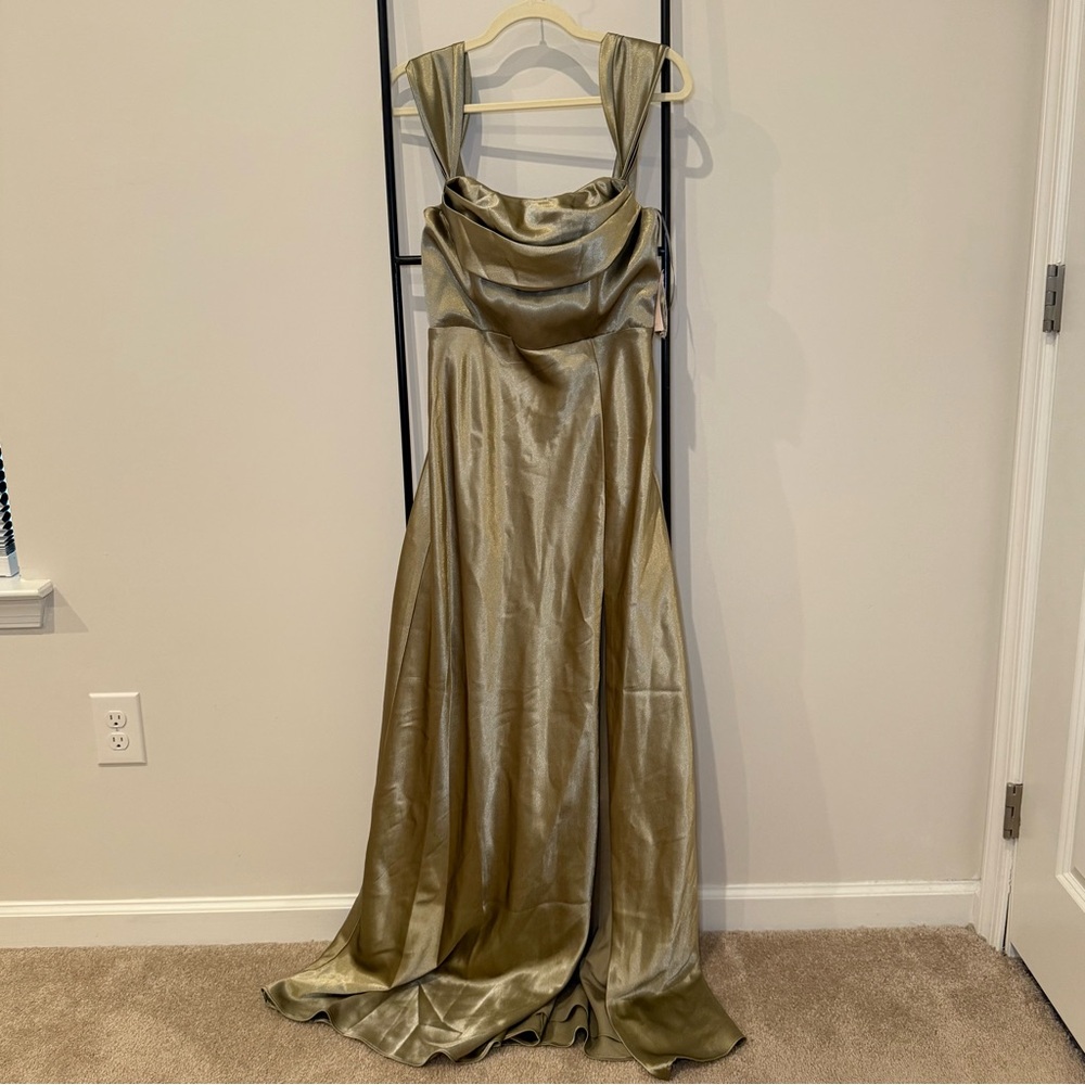 NWT Birdy Grey Mia Bridesmaid Dress Shiny Satin Moss Green - Picture 2 of 8